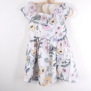H&M Floral Ruffle Dress Kids 2T White Pink Yellow Linen Blend Flutter Sleeve